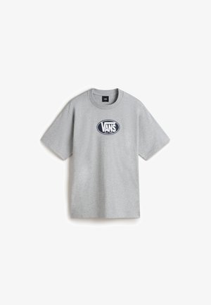 Grijze katoenen T-shirt met korte mouwen, ronde halslijn en een groot zwart-wit "VANS" logo in het midden van de borst.