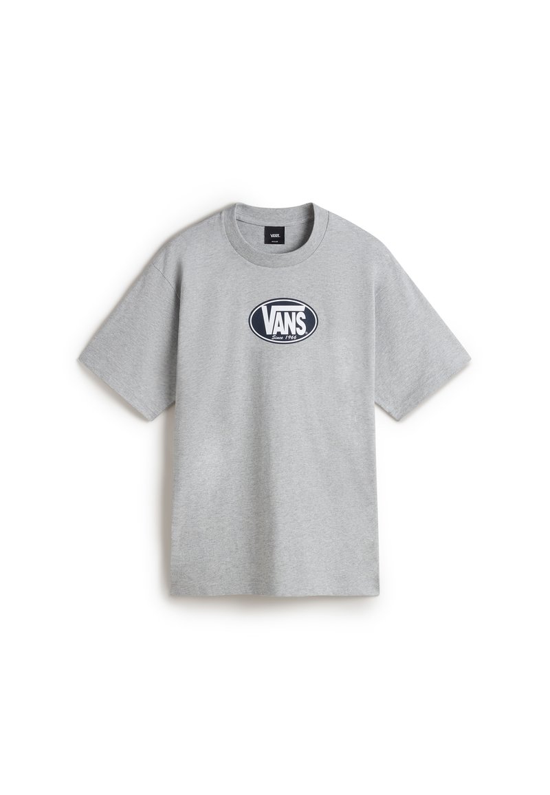 Szara bawełniana koszulka z krótkimi rękawami, okrągłym dekoltem i dużym czarno-białym logo "VANS" umieszczonym na środku klatki piersiowej.