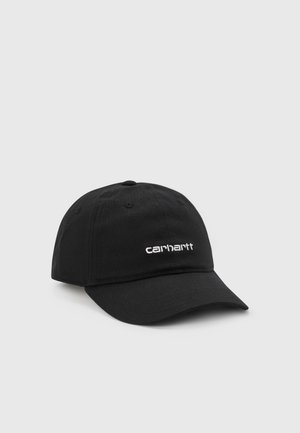 Musta beisbolilakki, joka on valmistettu puuvillasta ja jossa on kaareva lippa. Etupuolella on valkoinen brodeerattu "carhartt"-logo. Klassinen kuusipanelinen muotoilu.