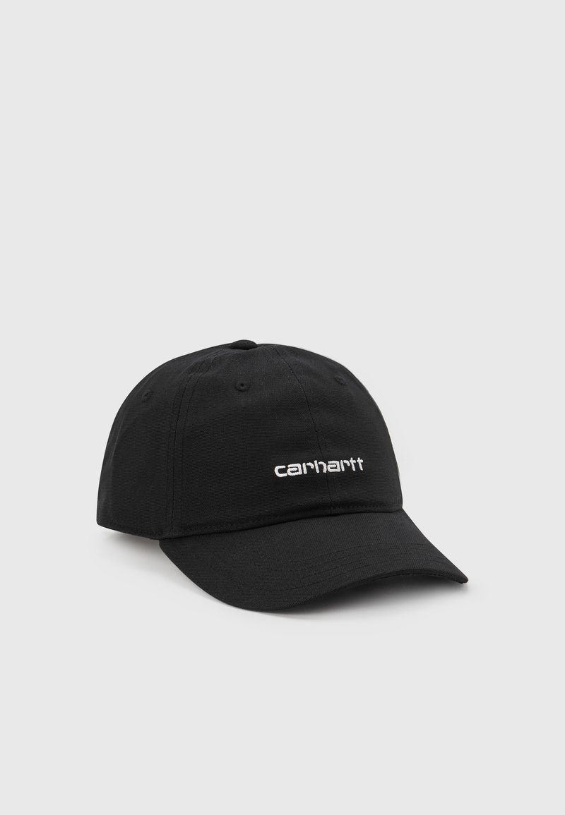Cappello da baseball nero in cotone con visiera curva. Presenta il logo "carhartt" ricamato in bianco sul davanti. Design classico a sei pannelli.