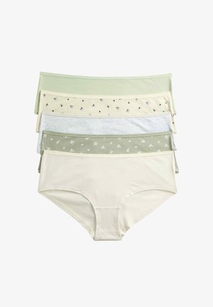 Fem par damebomuldsunderbukser i pastelfarver: grøn, beige, grå; nogle har små blomsterprint og fint blonder.