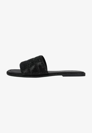 Black slide sandals with a textured upper made of fabric, featuring a wide band and a flat sole. Simple design with minimal hardware.