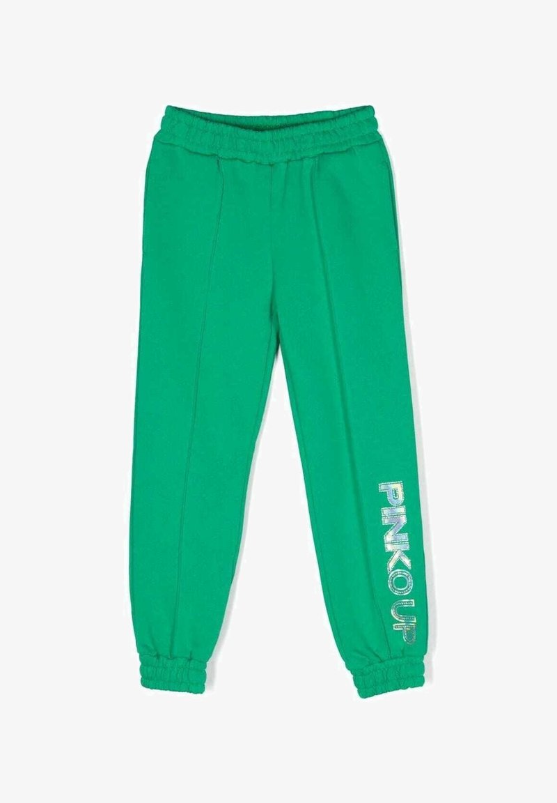 Zelené joggers kalhoty s elastickým pasem a manžetami, s vertikálním nápisem "PINKO UP" na spodní části pravé nohy.