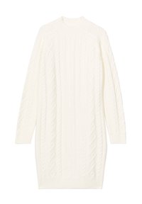 Abito maglione bianco a maniche lunghe con motivo a treccia e polsini e colletto a coste, disteso su uno sfondo bianco.