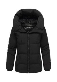 Black padded jacket with a high collar, front zipper, and two side pockets. Features quilted sections and a smooth texture.
