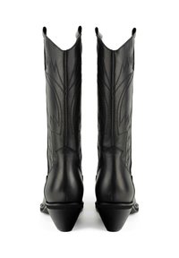 Botas de vaquero de cuero negro con puntas afiladas, patrones de costura intrincados, tacones inclinados y diseño recortado en la parte superior.
