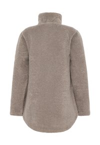 Fleece jacket in medium brown with a high collar and long sleeves. Soft texture, rounded hem, and no visible embellishments or pockets.