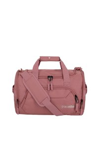 Borsa a zainetto rosa realizzata in tessuto resistente, dotata di due scomparti con zip, manici imbottiti e una tracolla regolabile.