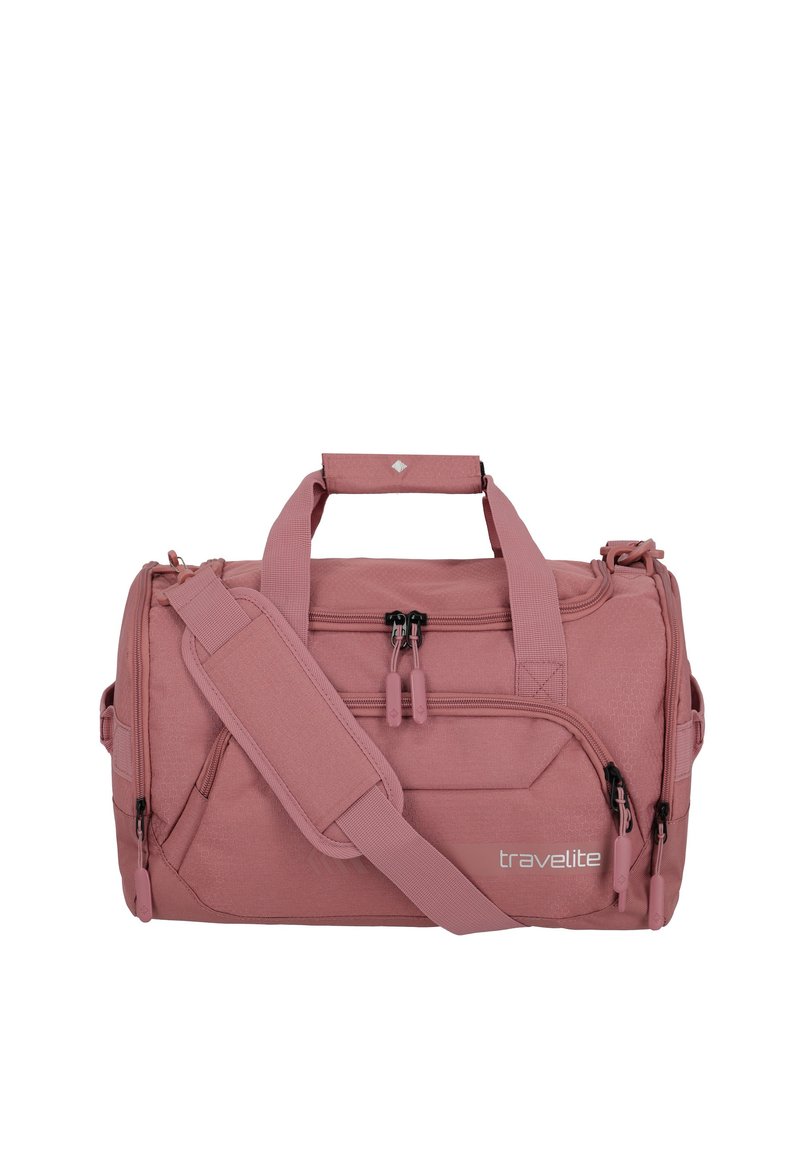 Borsa a zainetto rosa realizzata in tessuto resistente, dotata di due scomparti con zip, manici imbottiti e una tracolla regolabile.