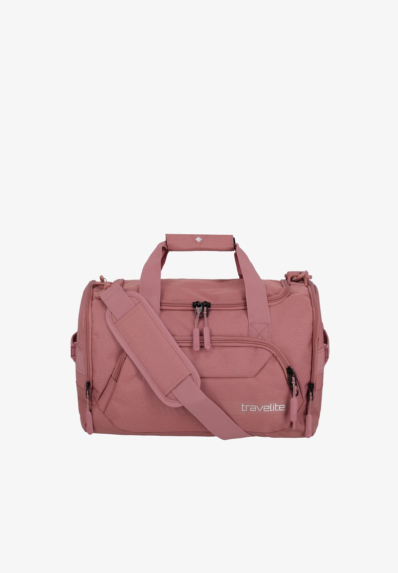 Borsa a zainetto rosa realizzata in tessuto resistente, dotata di due scomparti con zip, manici imbottiti e una tracolla regolabile.