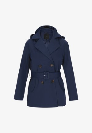 Navy waterproof coat with a double-breasted design, large buttons, belted waist, and a hood. Smooth texture and tailored fit.