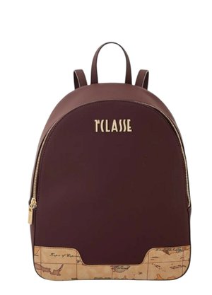 Zaino marrone scuro con design curvo, base beige testurizzata stampata con una mappa e una cerniera dorata. Logo impresso sulla parte frontale.