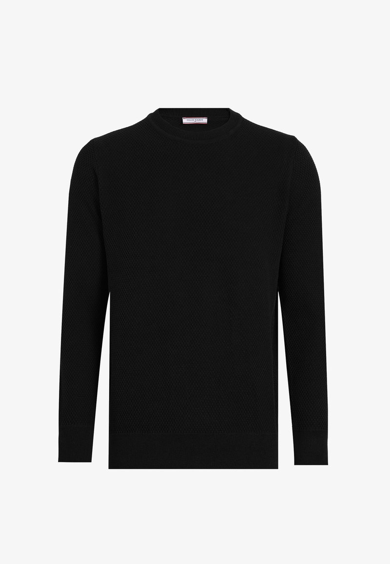 Pull en maille texturée noire à manches longues avec col rond et poignets et ourlet côtelés, présenté sur fond blanc.