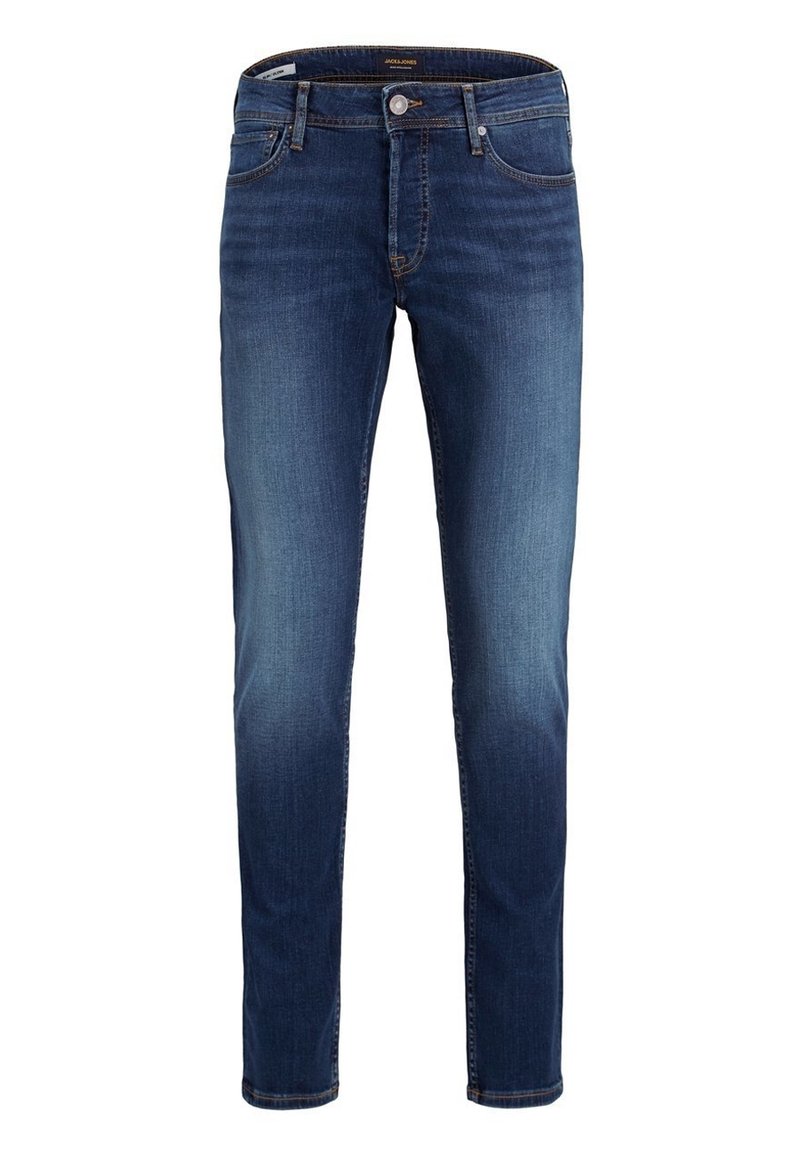 Mörkblå denimjeans med slim fit, som har fem fickor och dragkedja. Tyget har en subtil struktur och lätt blekning på låren.