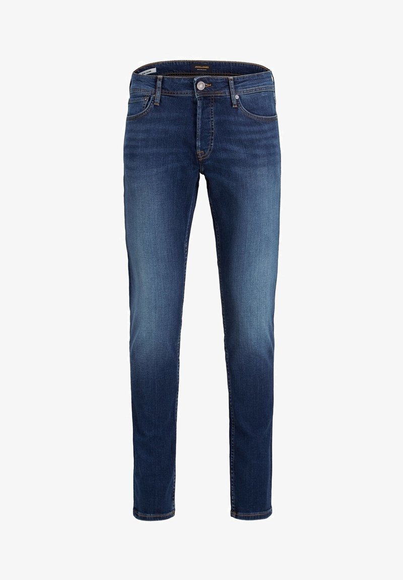 Jean slim bleu foncé avec devant délavé, fermeture par boutons et design cinq poches.
