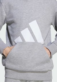 Sivi dukserica dugih rukava, s prednjim kengur džepom i velikim bijelim logotipom. Tkanina izgleda mekano s glatkom teksturom i rebrastim detaljima na manžetama.