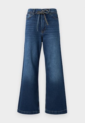 Vidbenede denimjeans i mørkeblå med snøre i taljen, forlommer og en glat tekstur med subtil falmen.