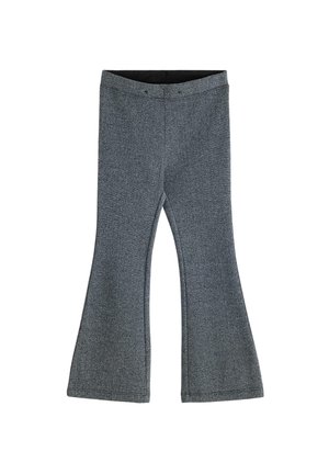 Grå vida byxor i en strukturväv med en figursydd midja, som har en slät midjeband och utsvängd design.