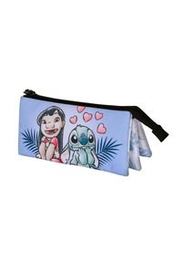 Pochette zippée bleue ornée de personnages de cartoon avec des feuilles de palmier et des cœurs ; fabriquée en tissu, avec un design plat et une fermeture éclair noire.