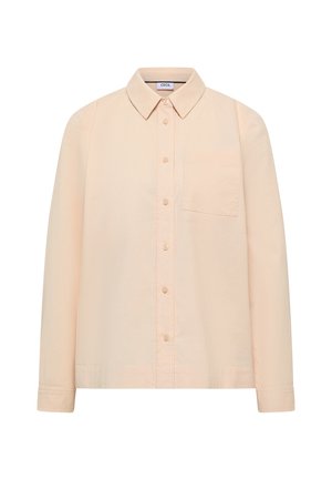 Lichtbeige, lange mouwen, button-up overhemd met kraag en borstzak, gemaakt van zachte stof, weergegeven op een witte achtergrond.