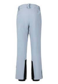 Ljusblå vattentäta byxor med svarta detaljer, rak skärning, elastiska muddar och förstärkta sidopaneler nederst för hållbarhet.