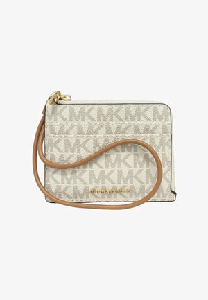Portafoglio da polso Michael Kors bianco e beige con motivo ripetuto "MK", cinturino in pelle marrone chiaro, cerniera dorata e dettaglio logo.