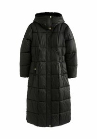 Manteau rembourré noir avec capuche, longueur longue, motif matelassé en diamant, deux poches latérales, accents en matériel doré et doublure douce.