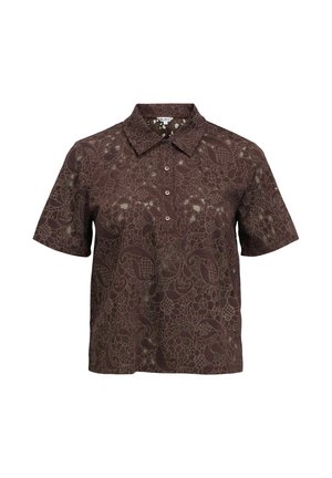 Braunes kurzärmeliges Hemd mit Kragen, Knopfleiste und filigranem, floralen Spitzenmuster über das gesamte Hemd.