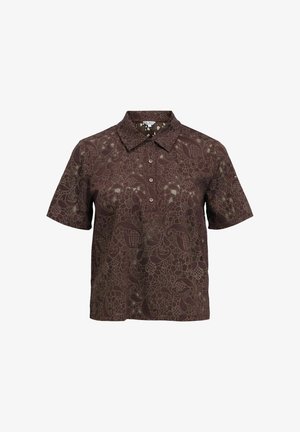Braunes kurzärmeliges Hemd mit Kragen, Knopfleiste und filigranem, floralen Spitzenmuster über das gesamte Hemd.