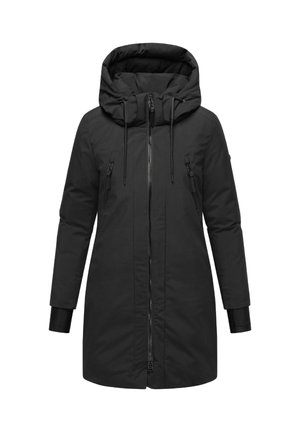 Svart huva parkas med en framdragkedja, två dragkedjefickor på sidorna och lång ärmar. Materialet verkar slätt och något strukturerat.