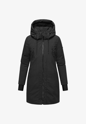 Zwarte hoodie parka met een rits aan de voorkant, twee zijzakken met rits en lange mouwen. Het materiaal lijkt glad en heeft een lichte textuur.