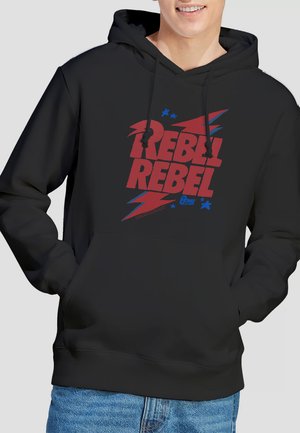 Black hoodie with a front graphic design featuring "REBEL REBEL" in bold red and blue text, accented with lightning bolts and stars.