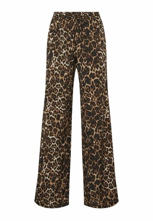 Pantaloni a gamba larga con fantasia leopardata marrone e nera e vita con coulisse su sfondo bianco.