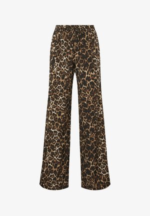 Leveälahkeiset housut, joissa on ruskea ja musta leopardikuvio ja kiristysnyörillinen vyötärö, valkoisella taustalla.