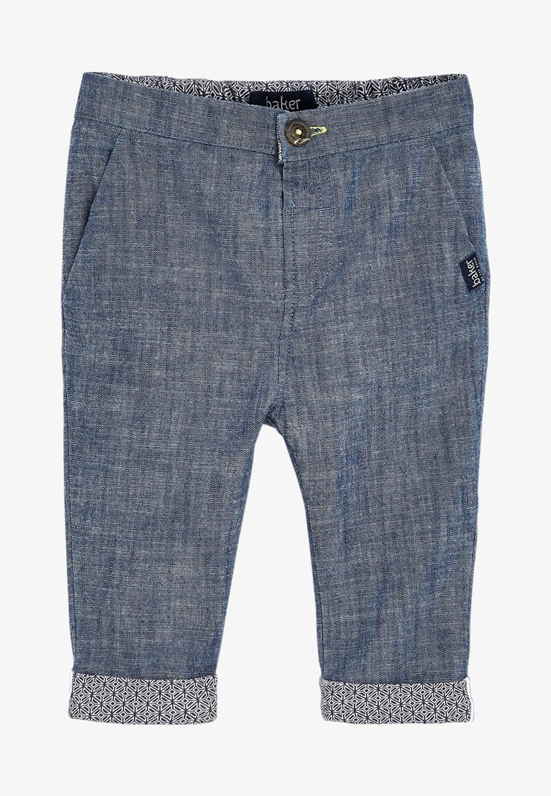 Denimbyxor i en ljusblå färg med en texturerad yta, uppvikta benslut med ett geometriskt mönster, samt en frontknäppning.