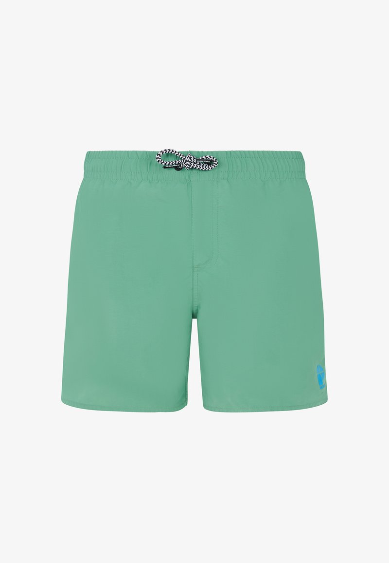 Žali maudymosi šortai su patogiu elastingu juosmeniu ir juodu-baltu raiščiu, kairėje kojoje esantis mažas mėlynas logotipas.