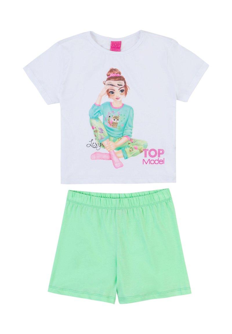 T-shirt bianco in cotone con un'illustrazione di una ragazza e la scritta "TOP Model", abbinato a pantaloni corti con vita elastica verde menta.