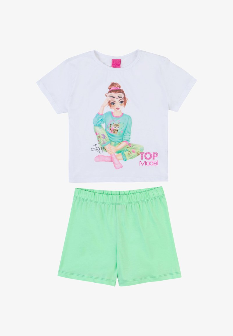 T-shirt bianco in cotone con un'illustrazione di una ragazza e la scritta "TOP Model", abbinato a pantaloni corti con vita elastica verde menta.