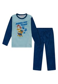 Conjunto de pijama de manga larga que incluye una parte superior azul claro con mangas azul marino, estampado de "PAWsome Team" y pantalones lisos azul marino a juego. Tejido de textura suave.