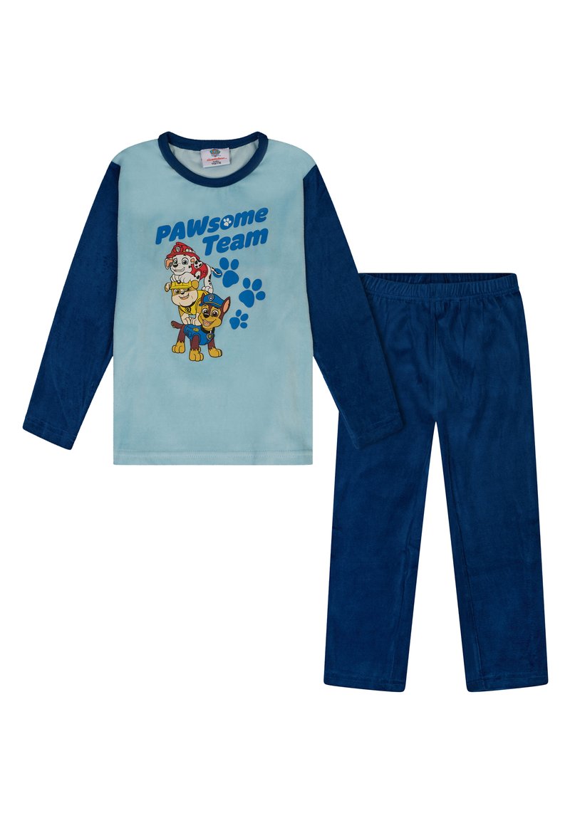 Conjunto de pijama de manga larga que incluye una parte superior azul claro con mangas azul marino, estampado de "PAWsome Team" y pantalones lisos azul marino a juego. Tejido de textura suave.