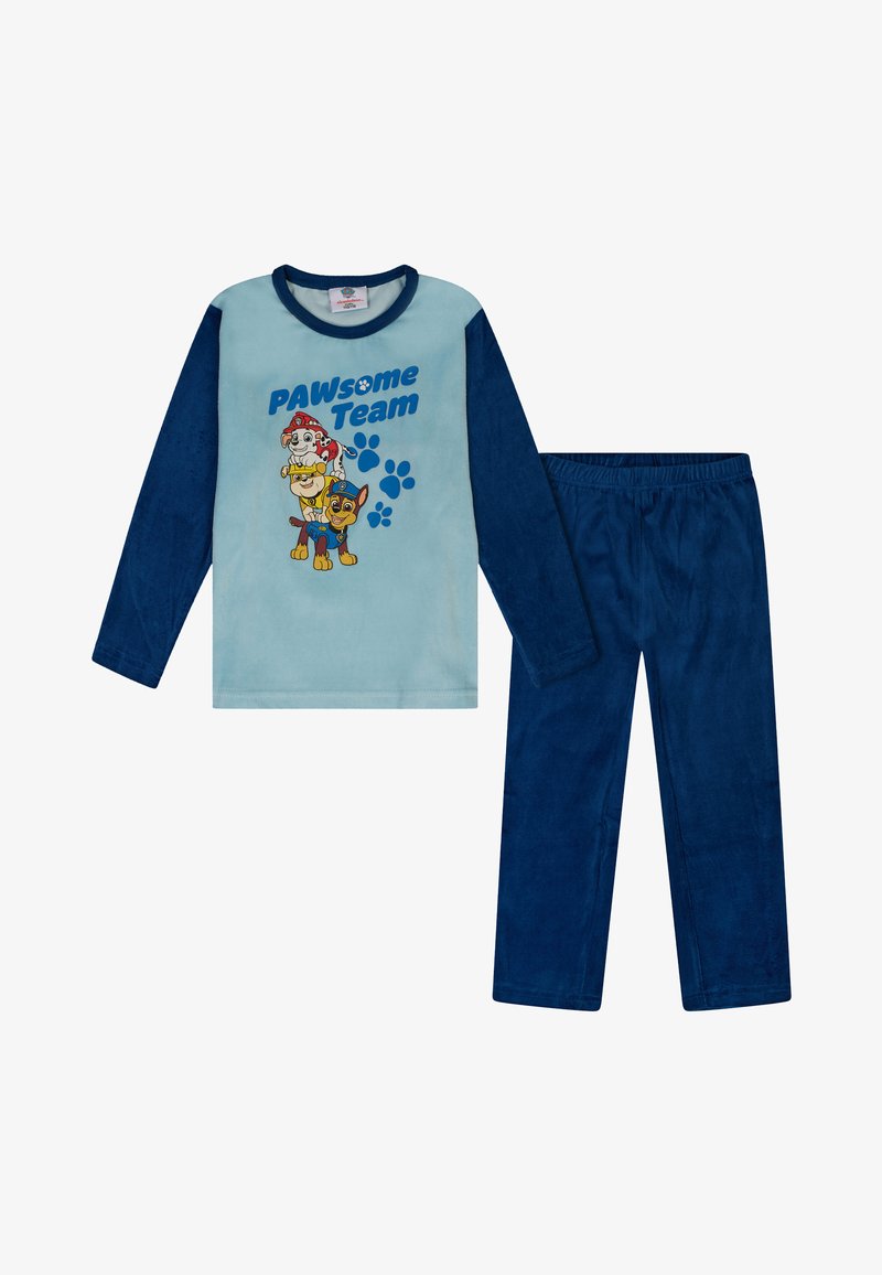 Conjunto de pijama de manga larga que incluye una parte superior azul claro con mangas azul marino, estampado de "PAWsome Team" y pantalones lisos azul marino a juego. Tejido de textura suave.