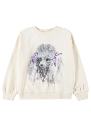 Cremefarbener Pullover mit einem gemalten grauen Pudelgesicht, das zwei violette Schleifen an den Ohren trägt, mittig auf der Vorderseite.