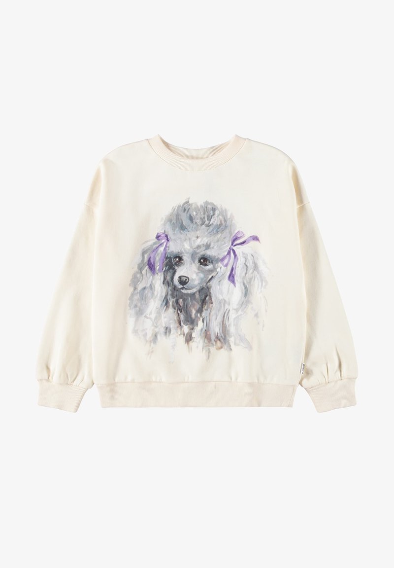 Sweat-shirt couleur crème avec un visage de caniche gris peint portant deux nœuds violets sur ses oreilles, centré sur le devant.