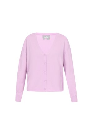 Lila kardigan iz mehkega pletenega materiala, z V-izrezom, dolgimi rokavi in sprednjim zapiranjem s gumbi v ujemajoči barvi.