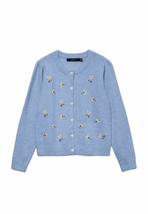 Cardigan en maille bleu clair avec col rond, boutonné sur le devant, manches longues et petites broderies florales blanches éparpillées sur le devant.
