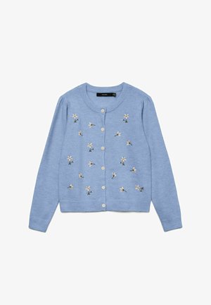 Hele sinine kootud kardigan ümmarguse kaelusega, nööpidega ees, pika varrukaga ja väikeste valgete lillelist tikanditega ees laiali.