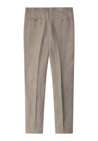 Pantalon habillé marron clair avec passants de ceinture, jambes droites et deux poches arrière à bouton.