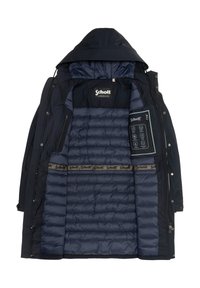 Marine pufferjakke med hætte, der har en quilted inderside. Inkluderer Schott-branding og et elektronisk kontrolpanel indeni.