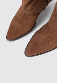 Botas de tobillo de ante marrón con puntera afilada y tacón bajo apilado. La parte superior tiene una textura suave y lisa con detalles mínimos.