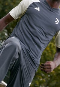 Camiseta deportiva gris de mangas cortas crema, con un logo y rayas. Tejido ligero con un diseño ajustado, ideal para deportes.